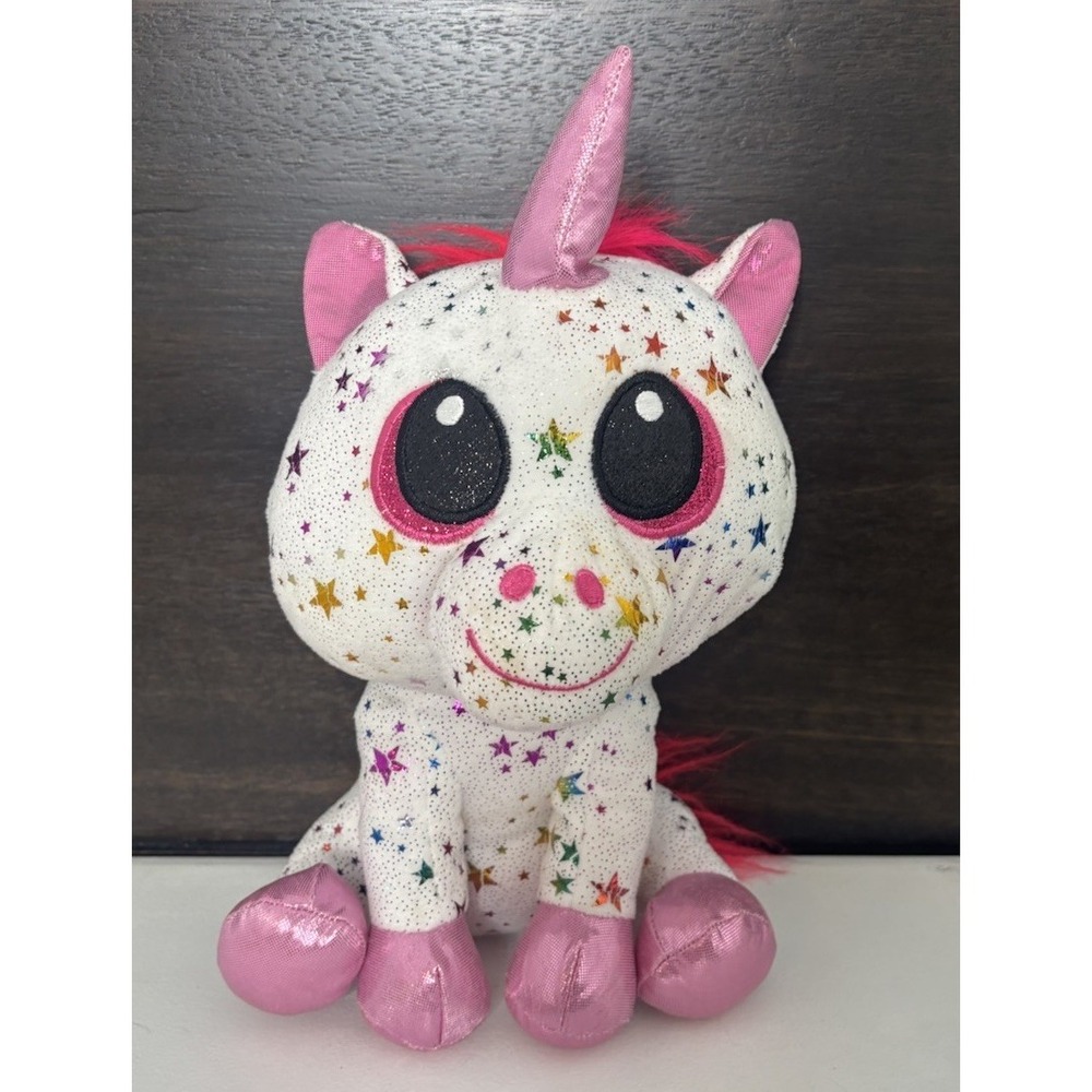 Six Flags Sparkly Unicorn Plush Toy – White with Pink Mane and Star Print Design